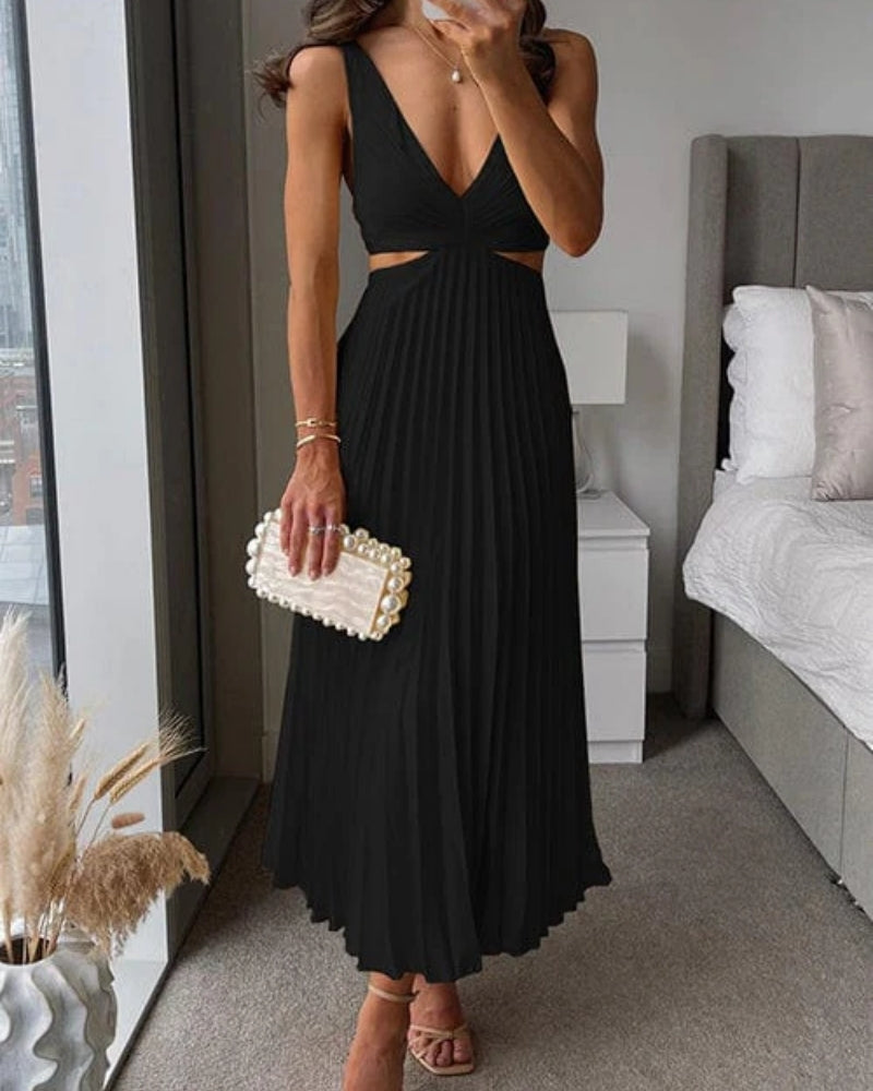 Women's Pleated Cut-Out Midi Dress – V-Neck Wedding
