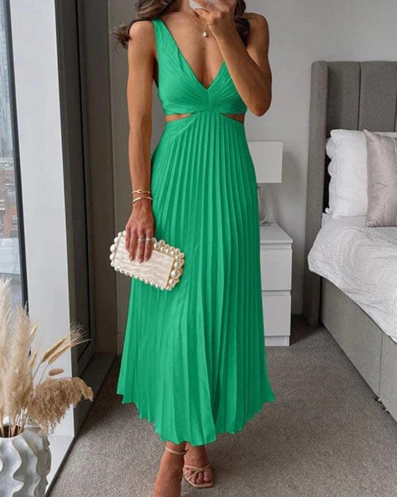 Women's Pleated Cut-Out Midi Dress – V-Neck Wedding