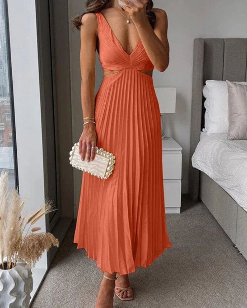 Women's Pleated Cut-Out Midi Dress – V-Neck Wedding