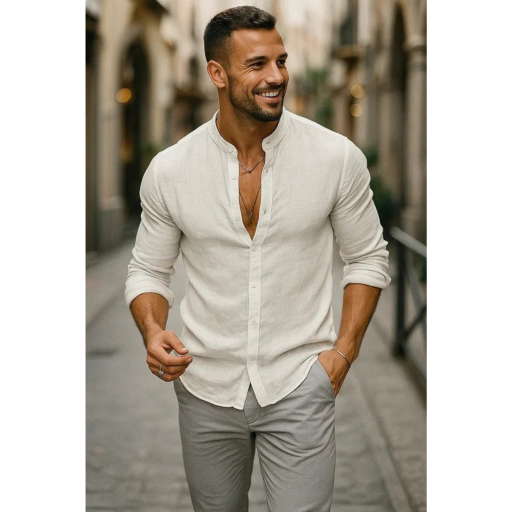 Men's Collarless Long Sleeve Shirt Lightweight Summer Style