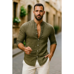 Men's Collarless Long Sleeve Shirt Lightweight Summer Style