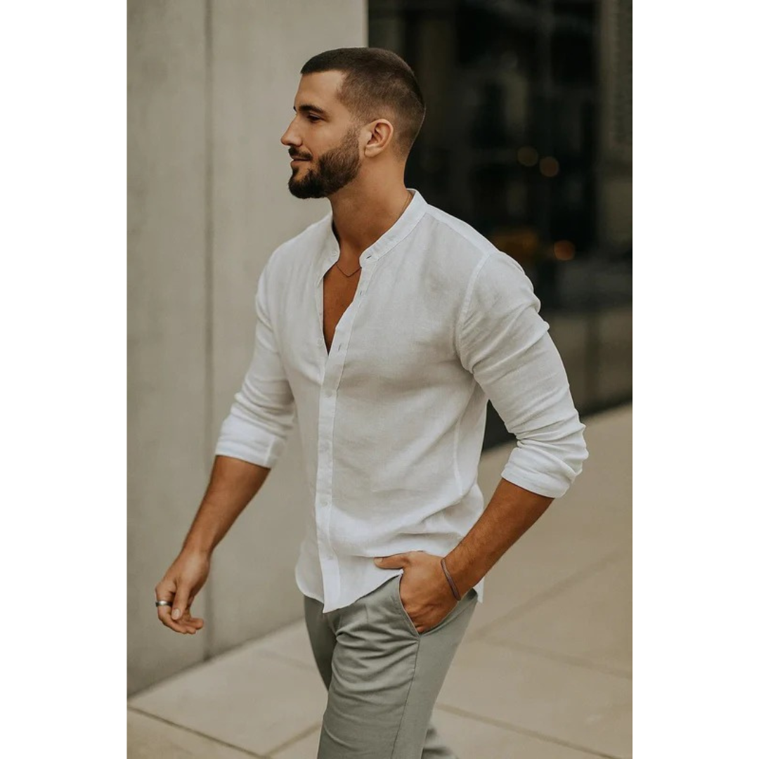 Men's Collarless Long Sleeve Shirt Lightweight Summer Style
