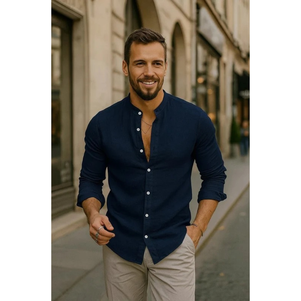 Men's Collarless Long Sleeve Shirt Lightweight Summer Style