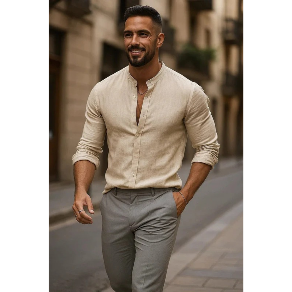 Men's Collarless Long Sleeve Shirt Lightweight Summer Style