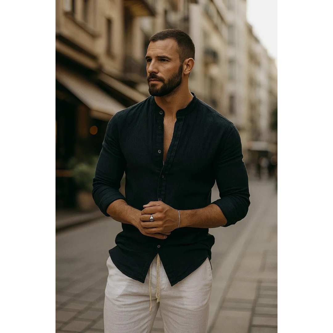 Men's Collarless Long Sleeve Shirt Lightweight Summer Style