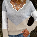 Women's Two-Tone Knit Pullover with Flattering V-Neckline - Khaki