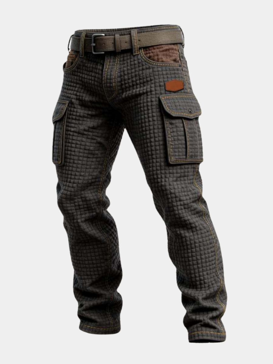 Men's Quilted Cargo Trousers Textured Utility Pocket Slim Fit