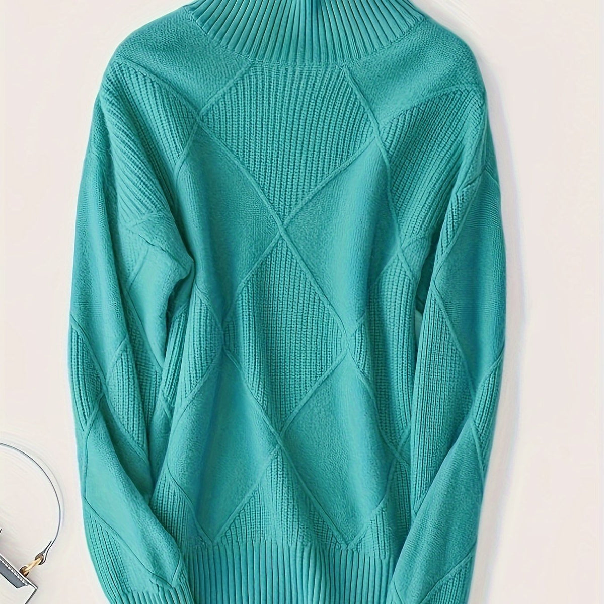 Women's Insulating Knit Turtleneck with Diamond Stitch Detail - Military Blue