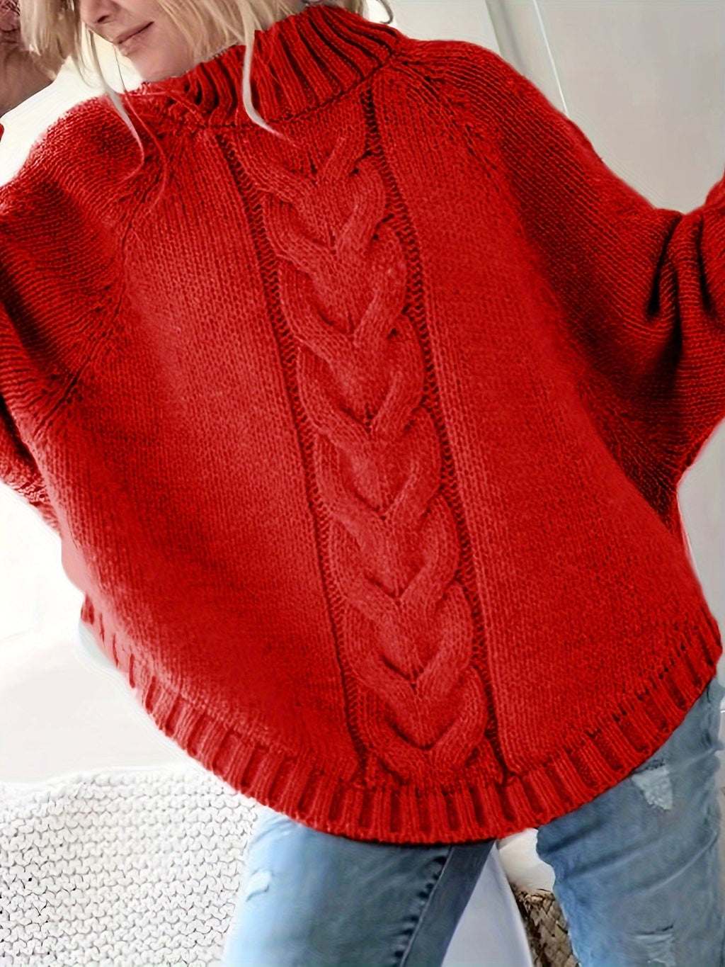 Women's Thick Textured High-Neck Sweater with Cable Detail