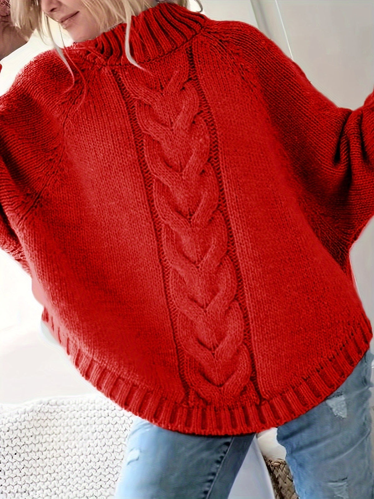 Women's Thick Textured High-Neck Sweater with Cable Detail