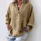 Women's Linen-Look V-Neck Blouse – Relaxed Long-Sleeve Top