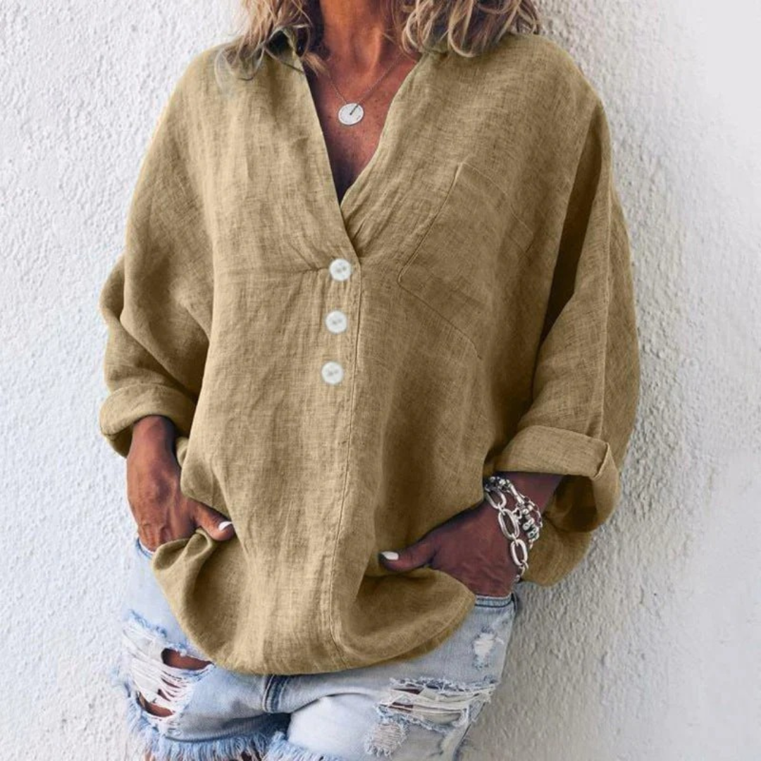 Women's Linen-Look V-Neck Blouse – Relaxed Long-Sleeve Top