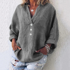 Women's Linen-Look V-Neck Blouse – Relaxed Long-Sleeve Top