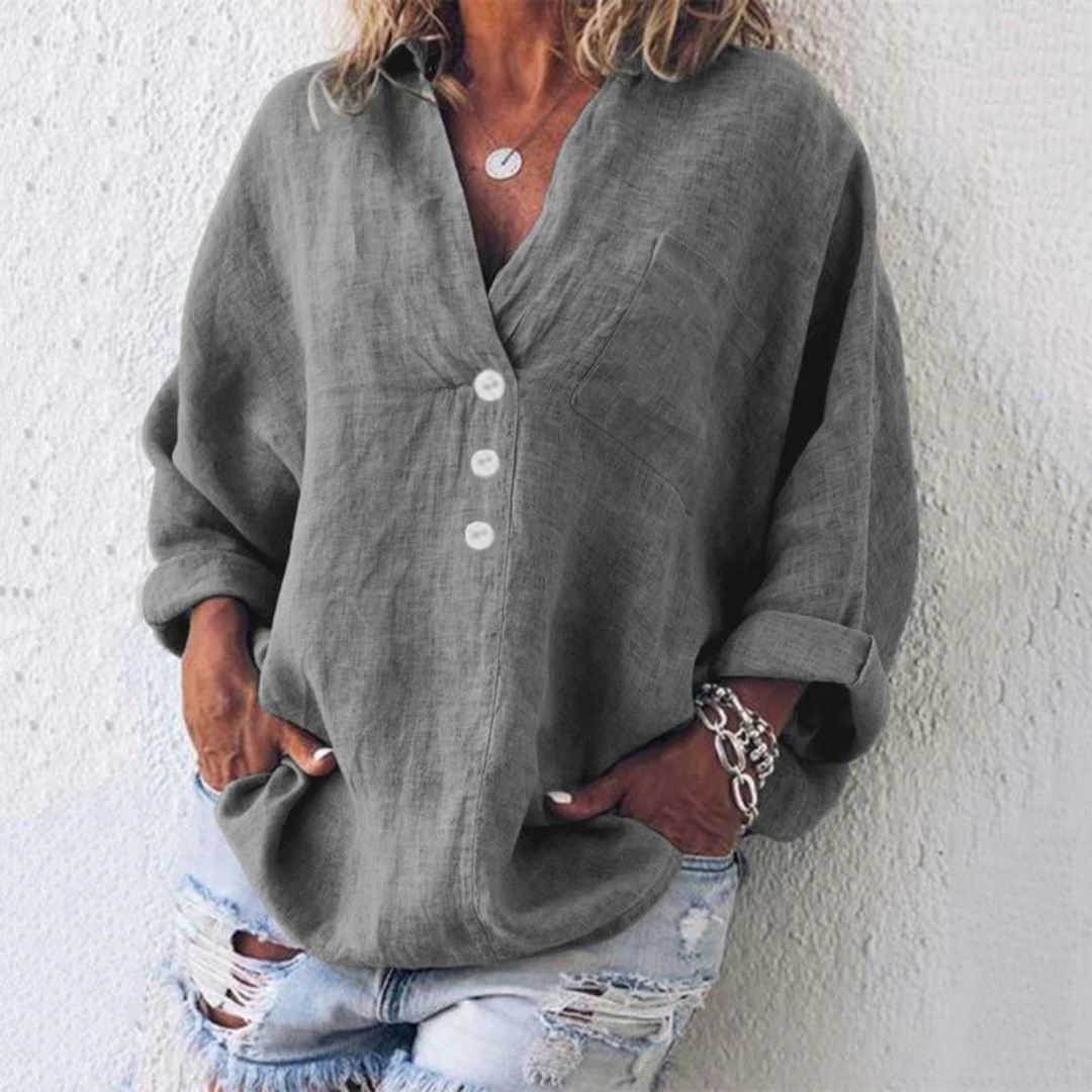 Women's Linen-Look V-Neck Blouse – Relaxed Long-Sleeve Top