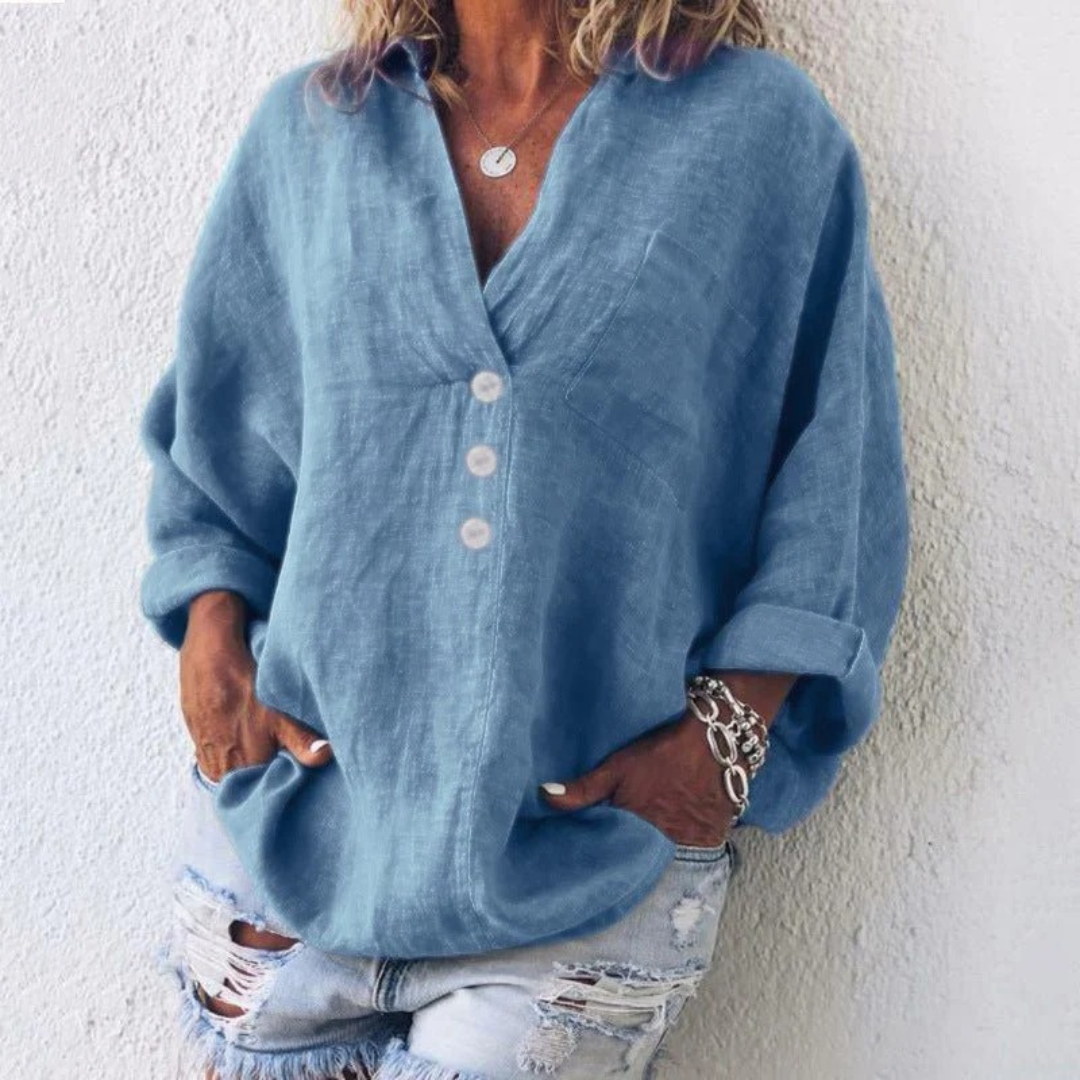 Women's Linen-Look V-Neck Blouse – Relaxed Long-Sleeve Top