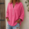 Women's Linen-Look V-Neck Blouse – Relaxed Long-Sleeve Top