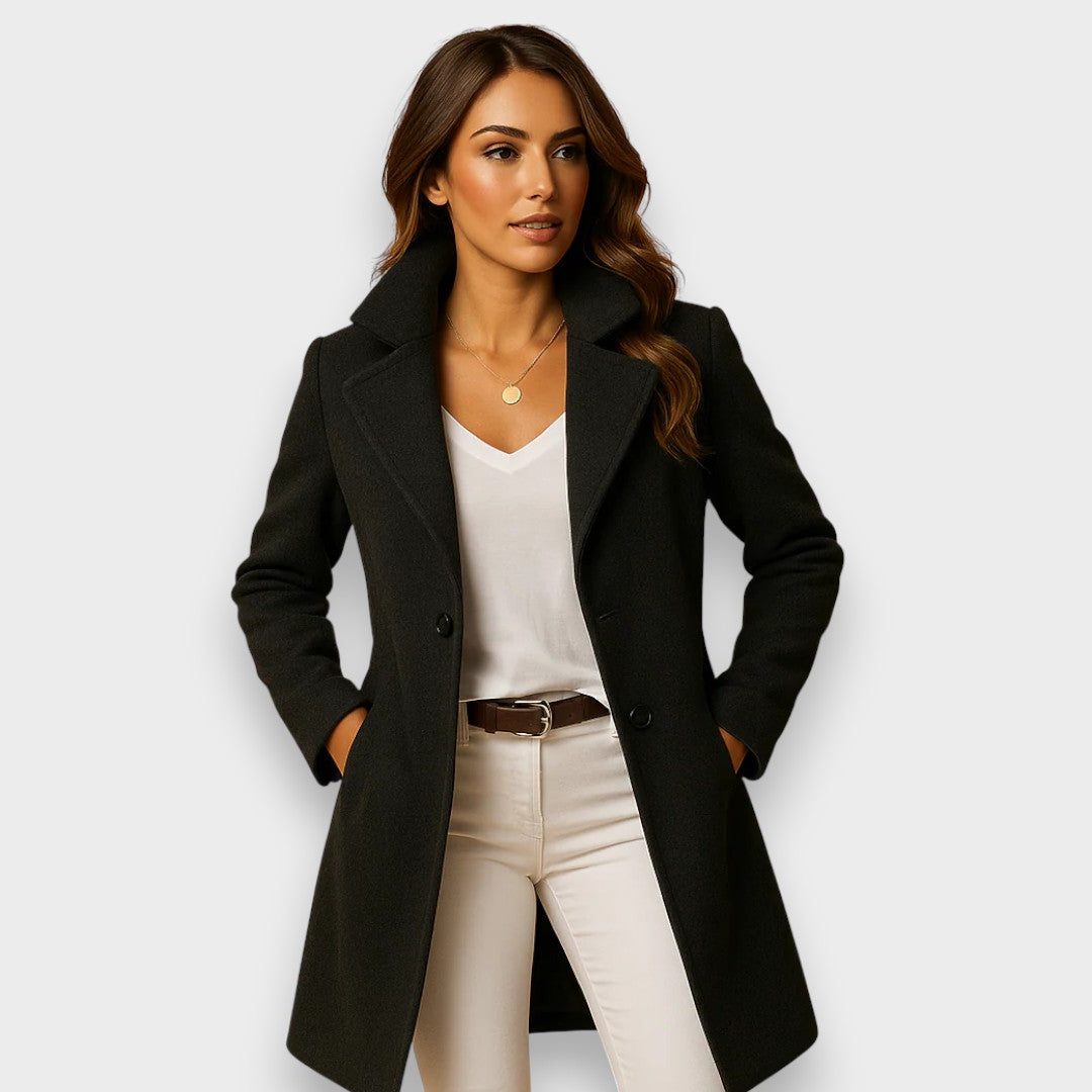 Women's Wool Midi Overcoat with Structured Shoulders - Black