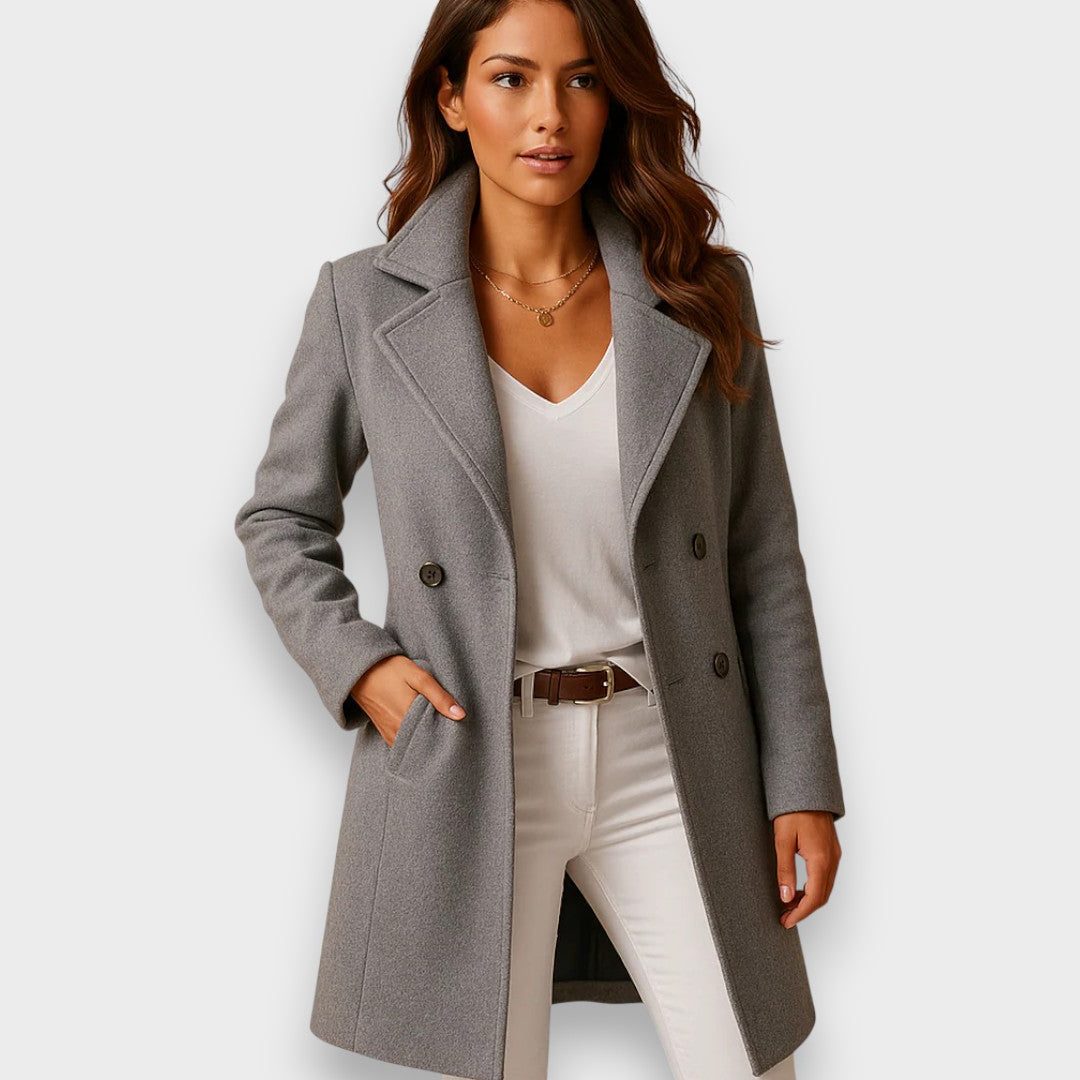 Women's Wool Midi Overcoat with Structured Shoulders - Gray