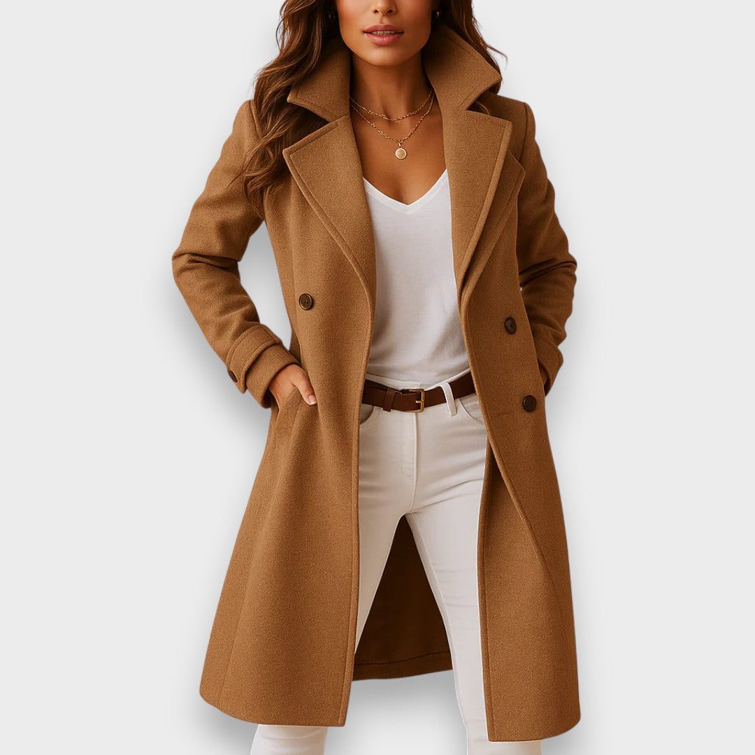 Women's Wool Midi Overcoat with Structured Shoulders - Camel