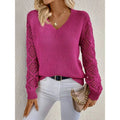 Women's Ribbed Body V-Neck Sweater with Openwork Knit Sleeves - Pink