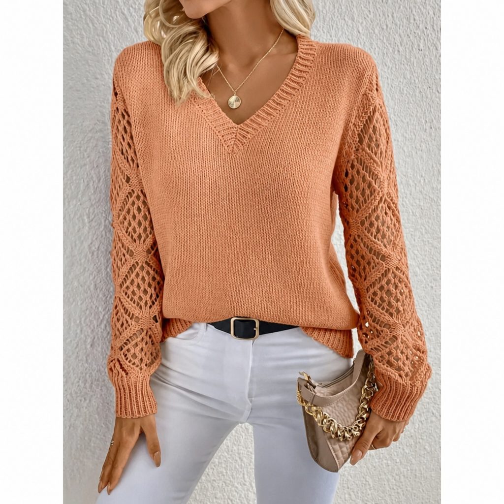 Women's Ribbed Body V-Neck Sweater with Openwork Knit Sleeves - Orange