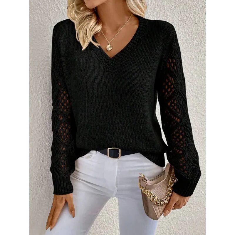 Women's Ribbed Body V-Neck Sweater with Openwork Knit Sleeves - Black