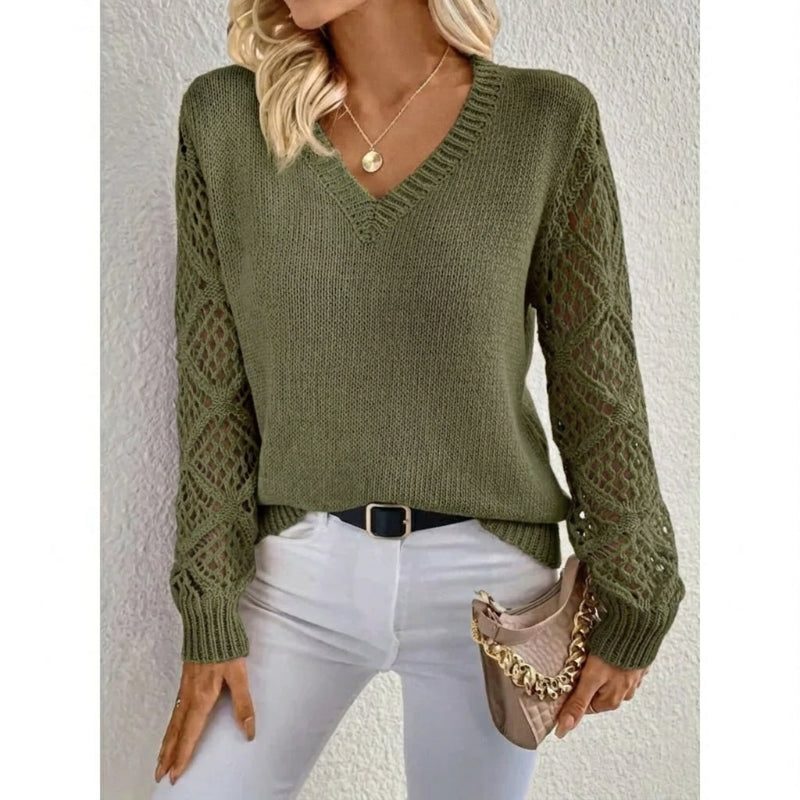 Women's Ribbed Body V-Neck Sweater with Openwork Knit Sleeves - Army Green