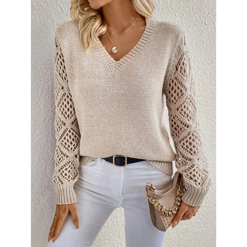 Women's Ribbed Body V-Neck Sweater with Openwork Knit Sleeves - Apricot