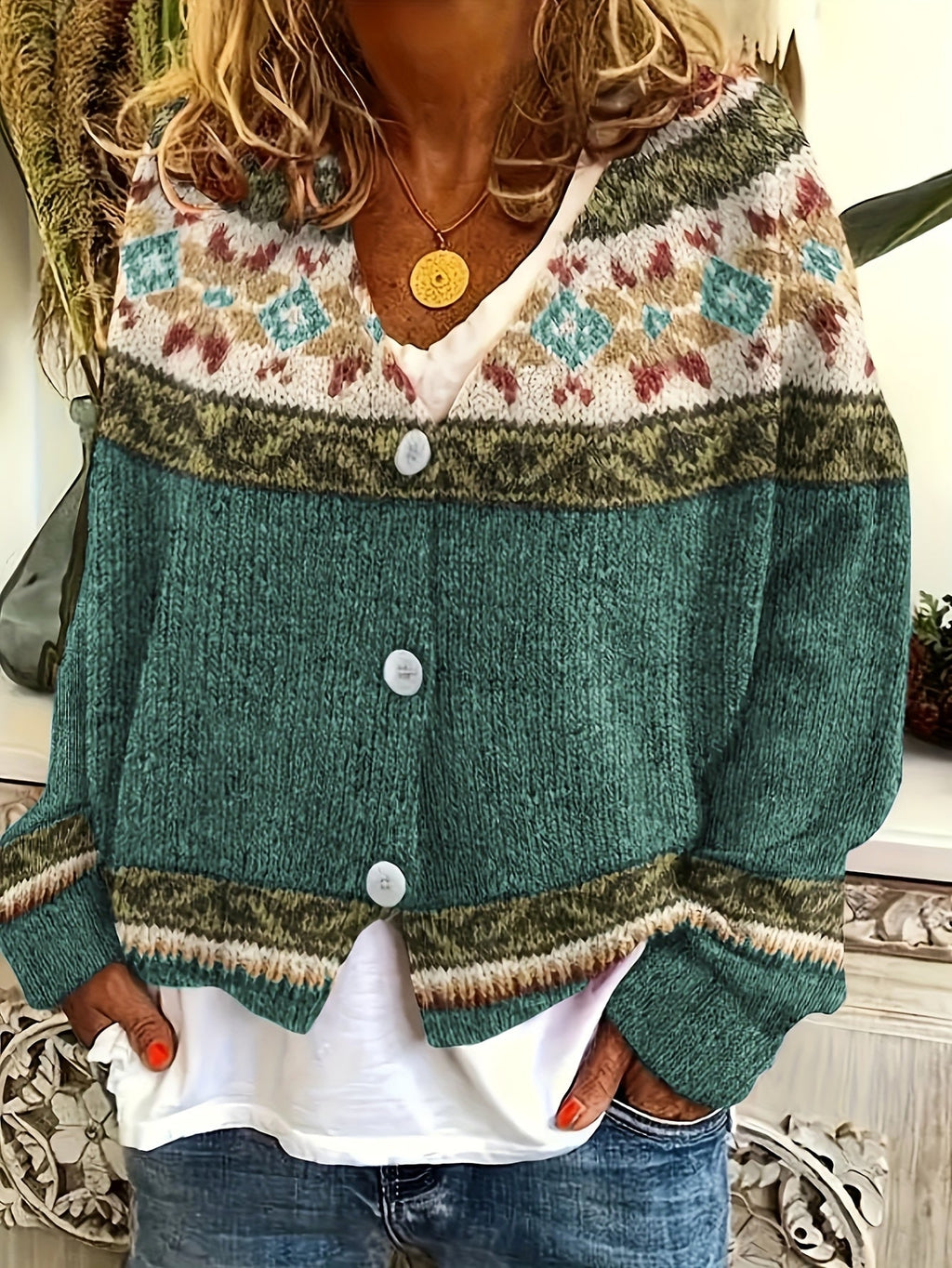 Women's Button-Up Cardigan with Retro Geometric Yoke