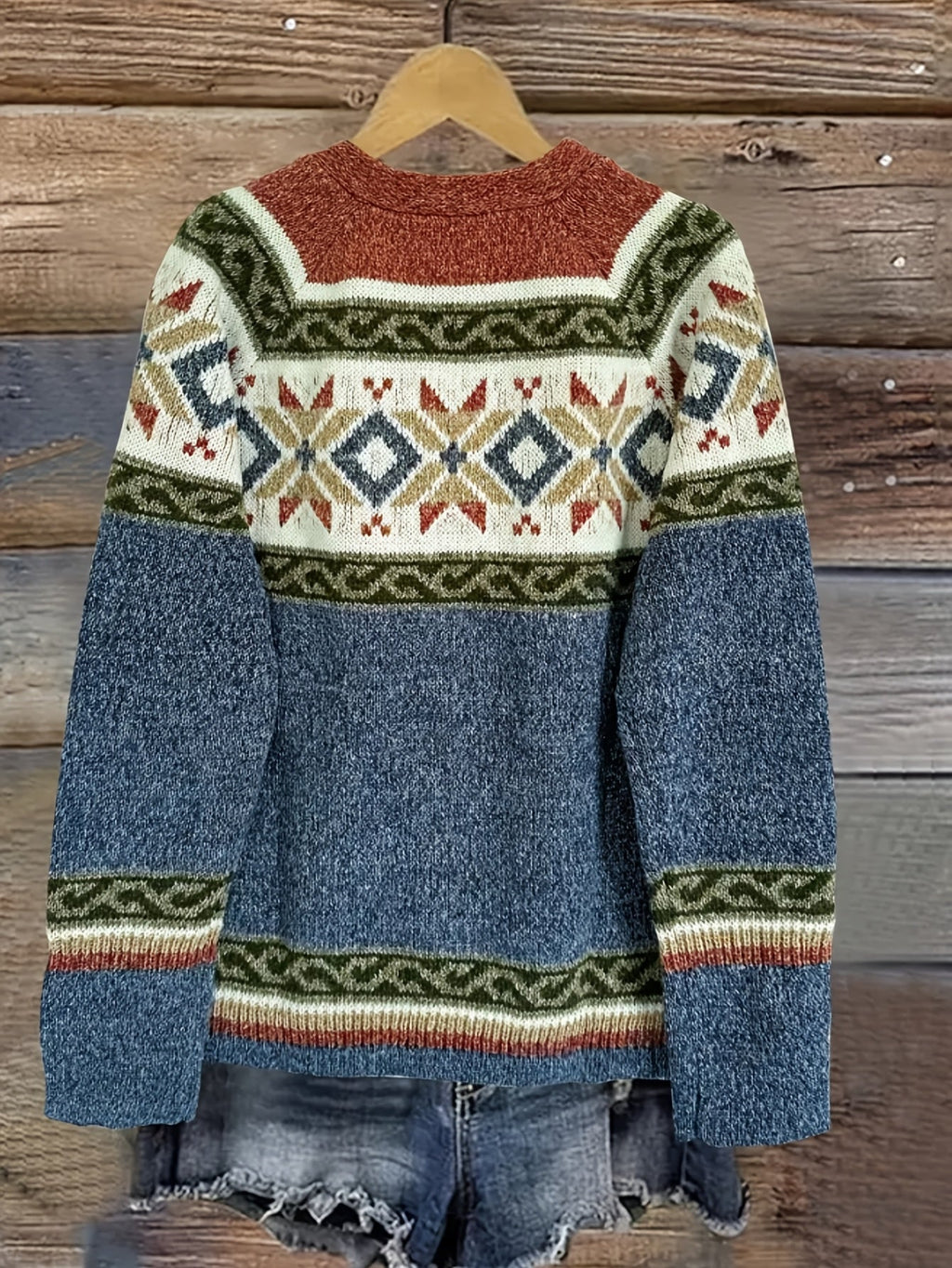 Women's Button-Up Cardigan with Retro Geometric Yoke