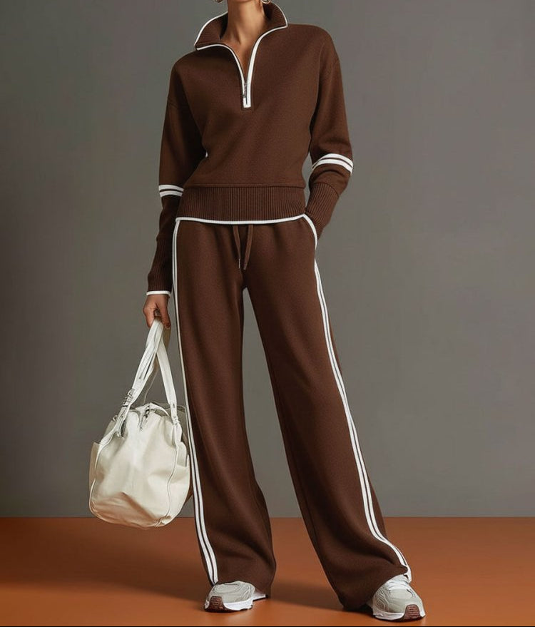 Women's Sporty Rib-Trim Half-Zip Travel Lounge Set - Dark Brown