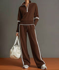 Women's Sporty Rib-Trim Half-Zip Travel Lounge Set - Dark Brown