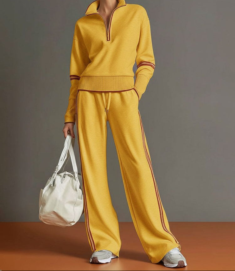 Women's Sporty Rib-Trim Half-Zip Travel Lounge Set - Mustard Yellow