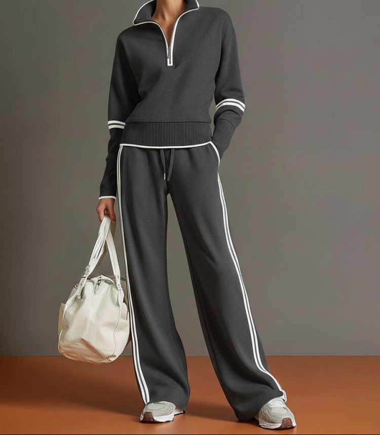 Women's Sporty Rib-Trim Half-Zip Travel Lounge Set - Dark Gray