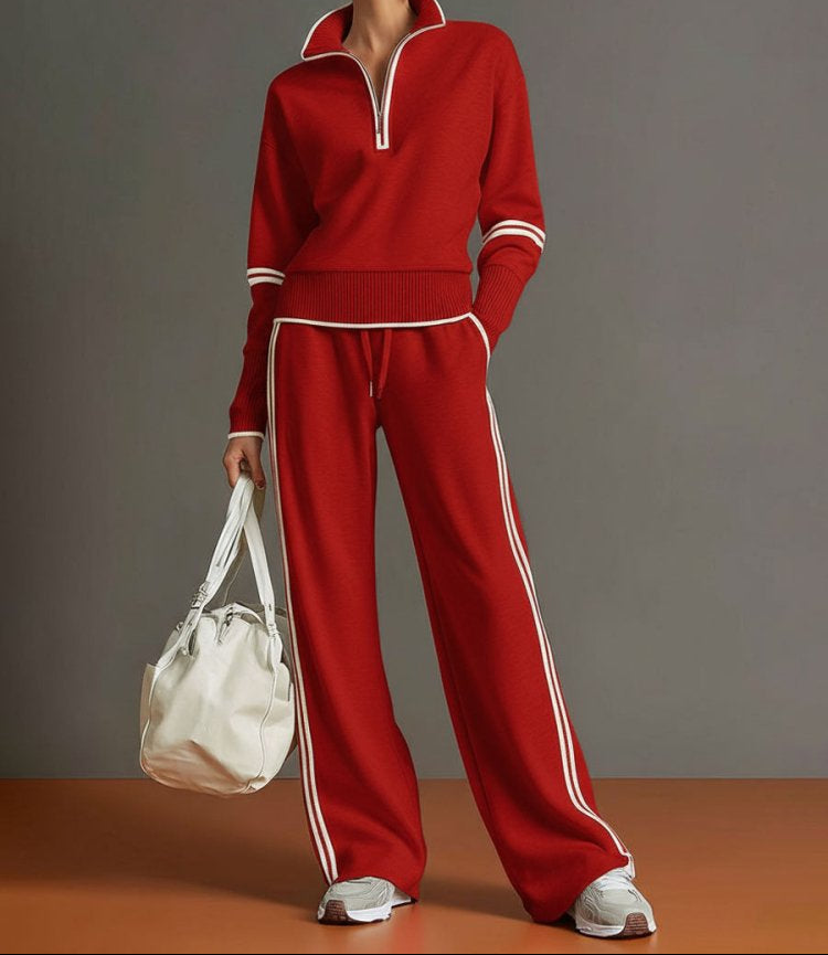 Women's Sporty Rib-Trim Half-Zip Travel Lounge Set - Red