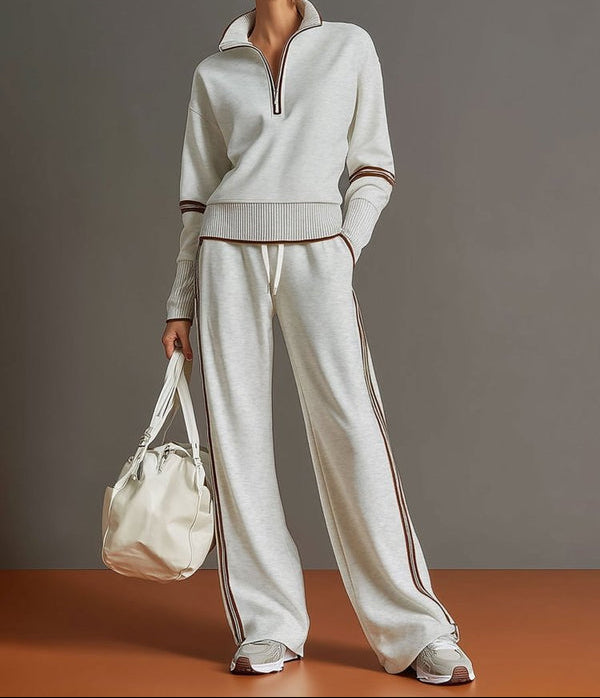Women's Sporty Rib-Trim Half-Zip Travel Lounge Set - Light Gray