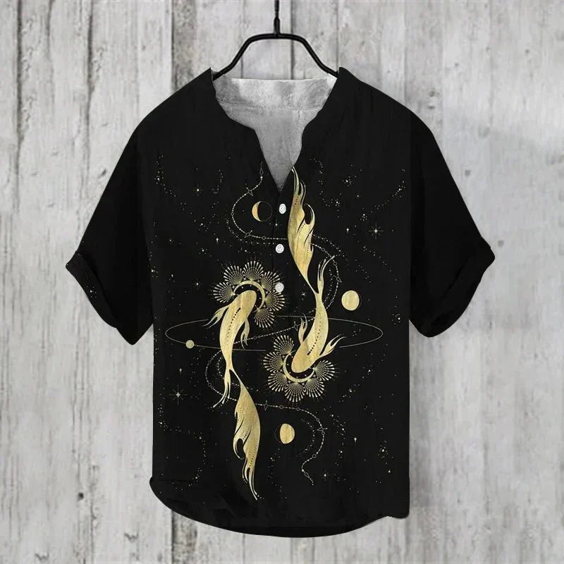 Men's Linen Cotton Shirt Breathable Lightweight Artistic Print Stylish