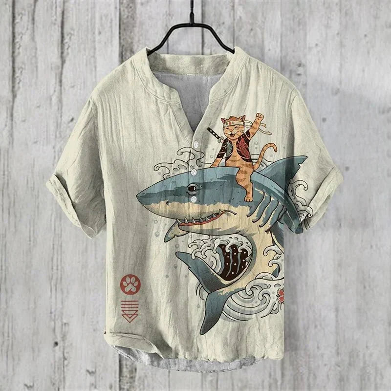 Men's Linen Cotton Shirt Breathable Lightweight Artistic Print Stylish