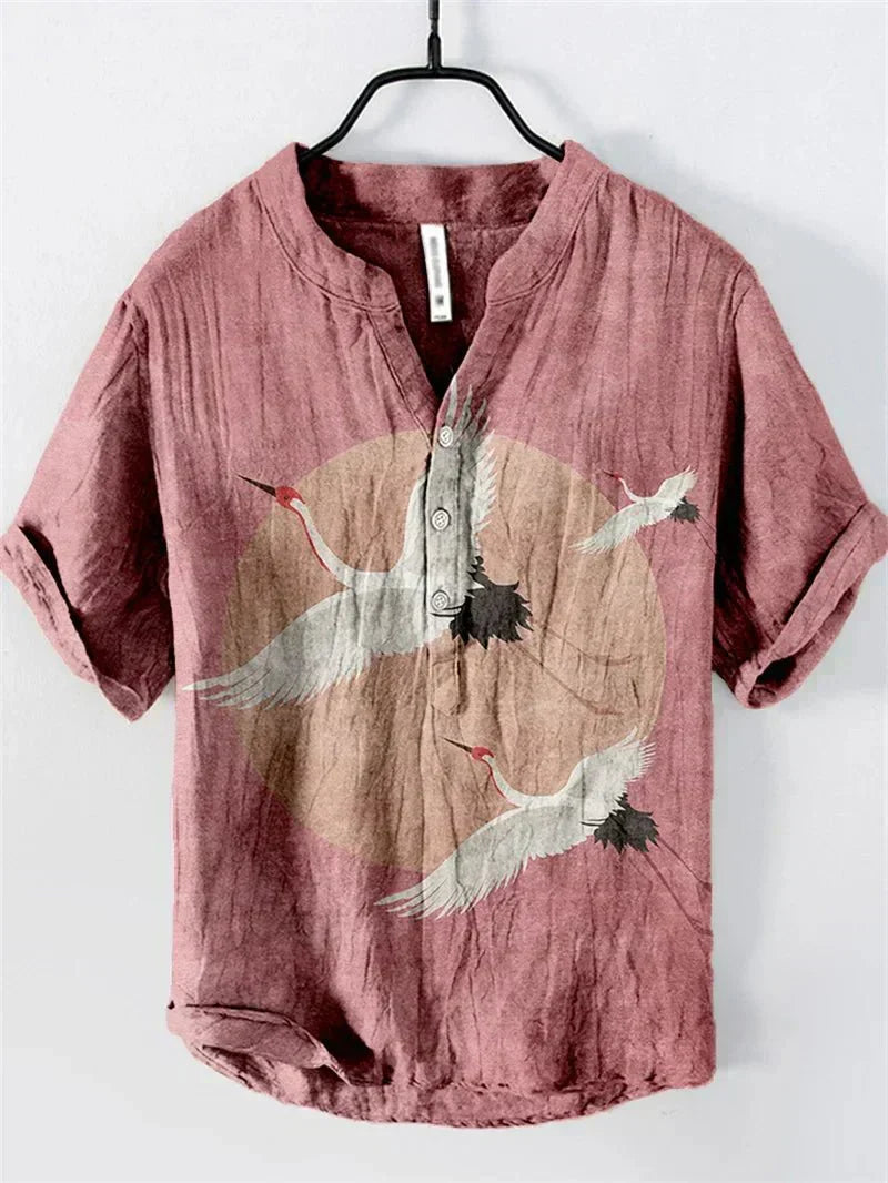 Men's Linen Cotton Shirt Breathable Lightweight Artistic Print Stylish