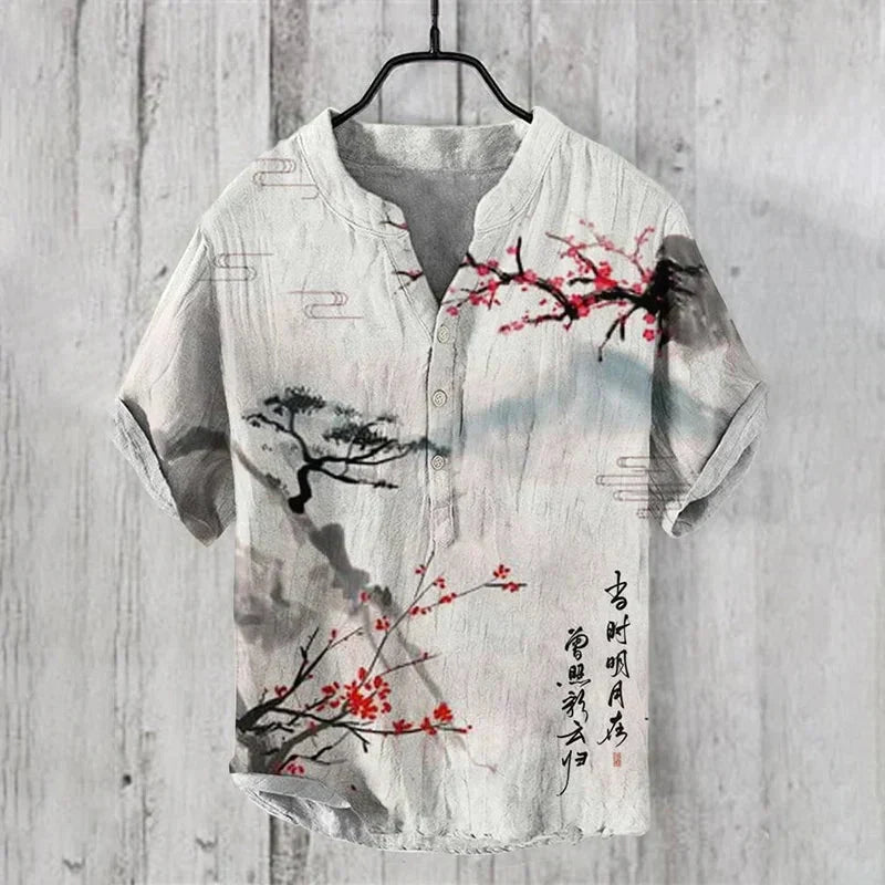 Men's Linen Cotton Shirt Breathable Lightweight Artistic Print Stylish