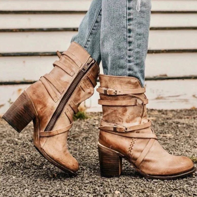 Women's Vintage-Inspired Suede Winter Boots with Buckled Shaft - Khaki