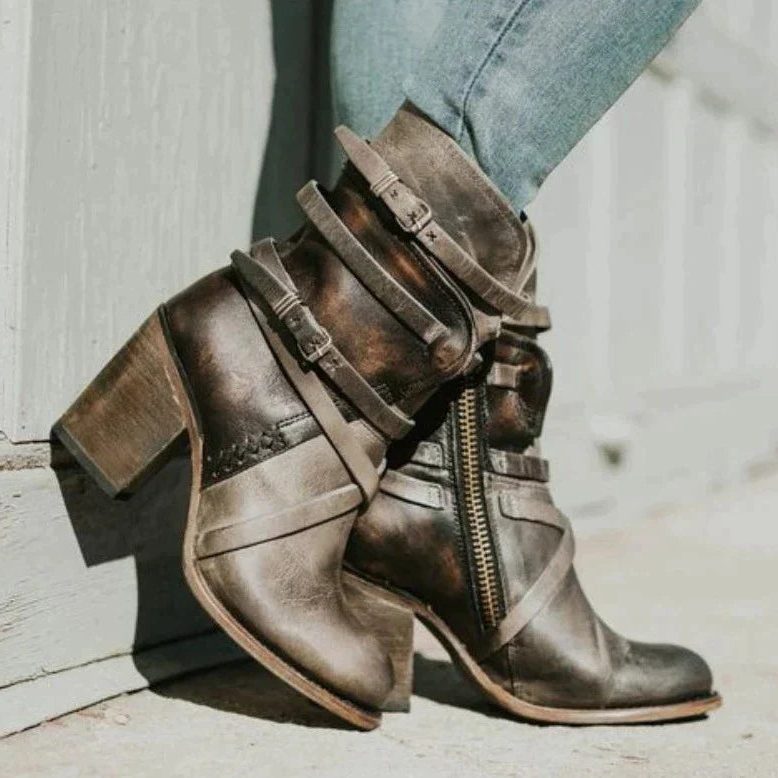 Women's Vintage-Inspired Suede Winter Boots with Buckled Shaft - Dark Brown