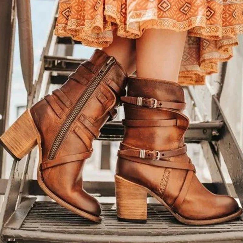 Women's Vintage-Inspired Suede Winter Boots with Buckled Shaft - Red Forehead