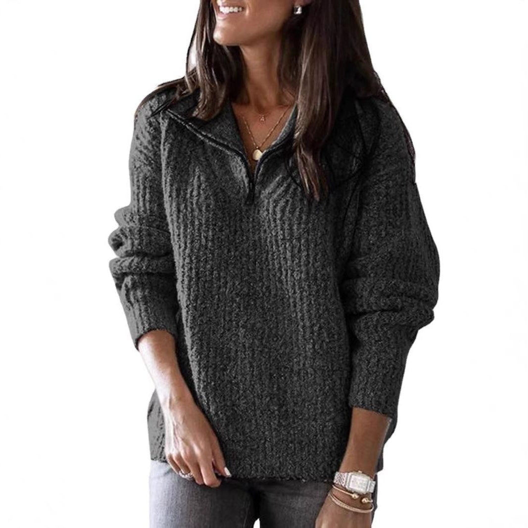 Women's Ribbed Half-Zip Sweater with Three-Quarter Sleeves