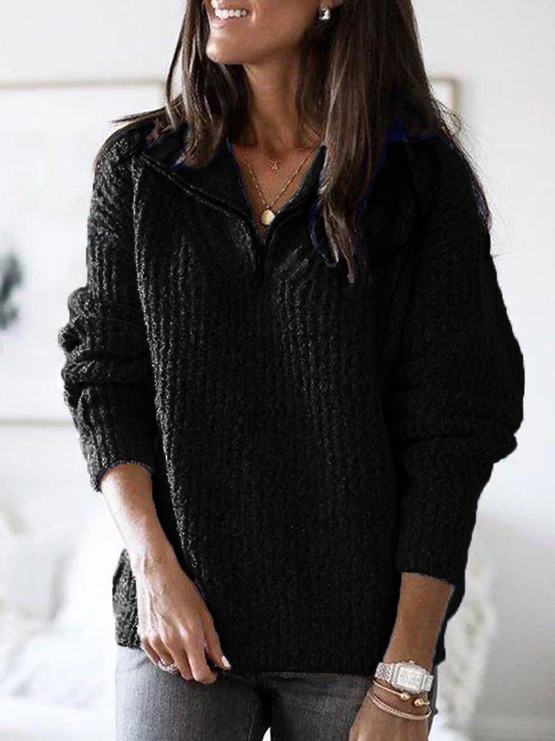Women's Ribbed Half-Zip Sweater with Three-Quarter Sleeves - Black