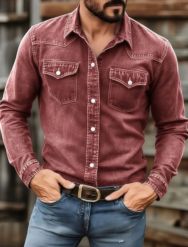 Men's Pearl Snap Washed Denim Button-Down Shirt - Red