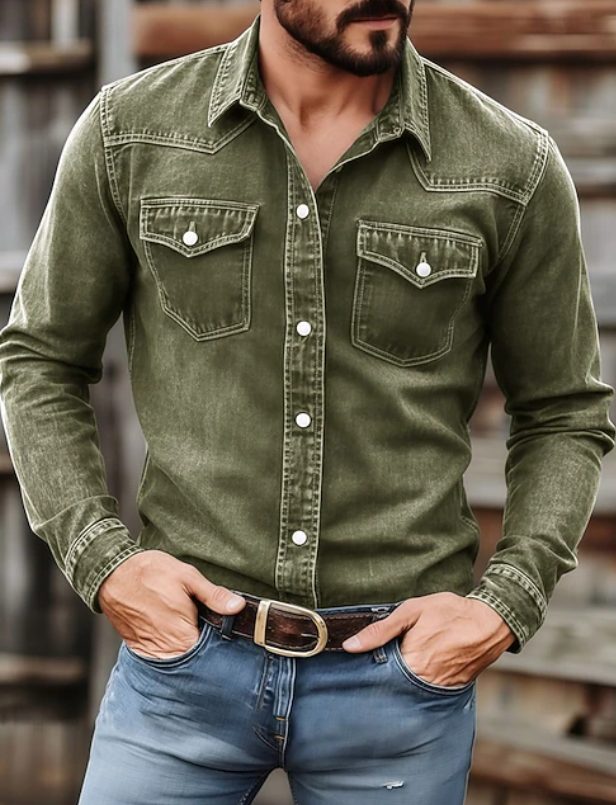 Men's Pearl Snap Washed Denim Button-Down Shirt - Green