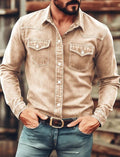 Men's Pearl Snap Washed Denim Button-Down Shirt - Beige