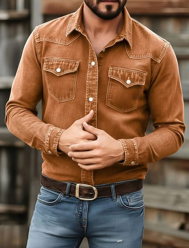 Men's Pearl Snap Washed Denim Button-Down Shirt - Brown