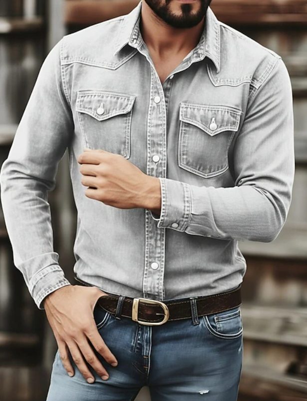 Men's Pearl Snap Washed Denim Button-Down Shirt - Gray
